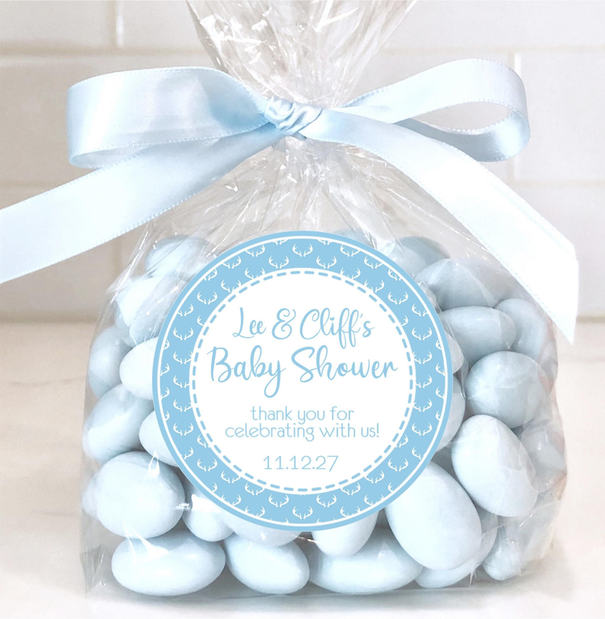 Rustic blue baby shower stickers with deer theme.