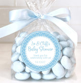 Rustic blue baby shower stickers with deer theme.