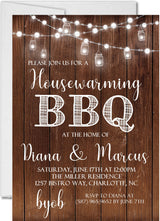 Rustic housewarming BBQ invitation with string lights and wood background