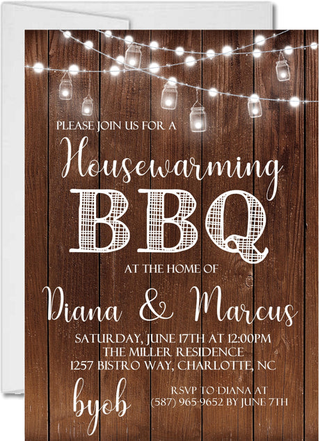 Rustic housewarming BBQ invitation with string lights and wood background