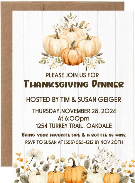 Rustic pumpkin Thanksgiving dinner invitation with fall florals