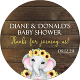 Yellow sunflower elephant baby shower stickers – personalized design