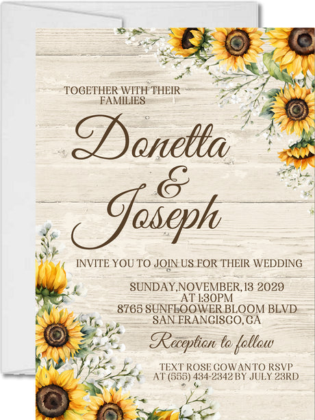 Rustic sunflower wedding invitation featuring watercolor sunflowers and a weathered wood background.