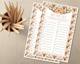 Rustic woodland baby name race printable sheet