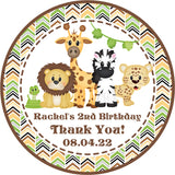 Safari animal birthday sticker with chevron pattern border and jungle animals