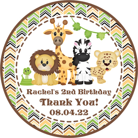 Safari animal birthday sticker with chevron pattern border and jungle animals