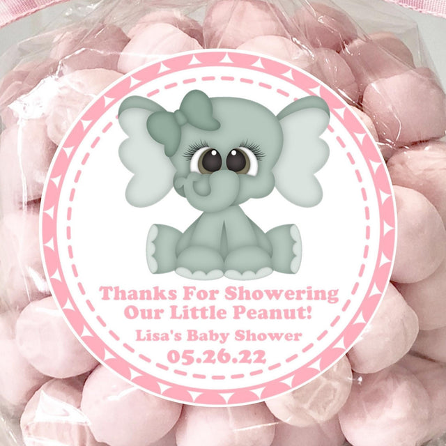 Pink elephant baby shower stickers – Little Peanut design