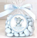 Watercolor elephant favor sticker – blue safari baby shower theme