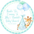 Safari giraffe baby shower sticker with blue balloons design
