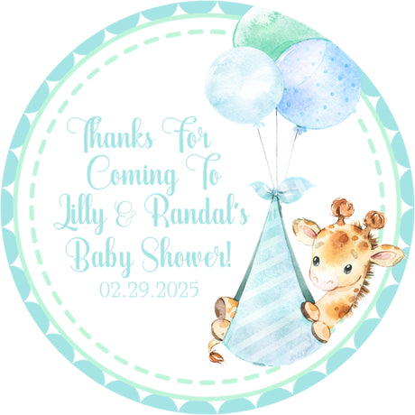 Safari giraffe baby shower sticker with blue balloons design