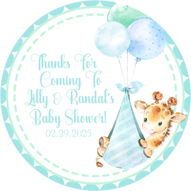 Safari giraffe baby shower sticker with blue balloons design