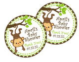 Safari monkey baby shower favor label with tree branch illustration