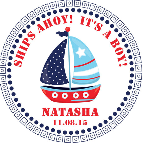 Sailboat baby shower sticker with red and blue nautical theme