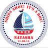 Sailboat baby shower sticker with red and blue nautical theme