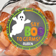 Say Boo to Germs Halloween sticker with smiling ghost and bold lettering
