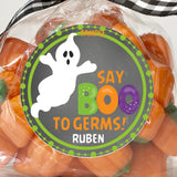 Say Boo to Germs Halloween sticker with smiling ghost and bold lettering