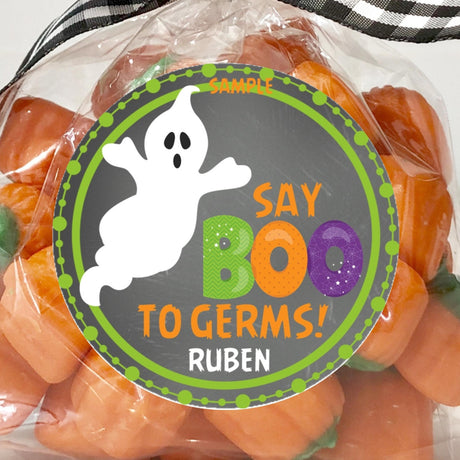 Say Boo to Germs Halloween sticker with smiling ghost and bold lettering