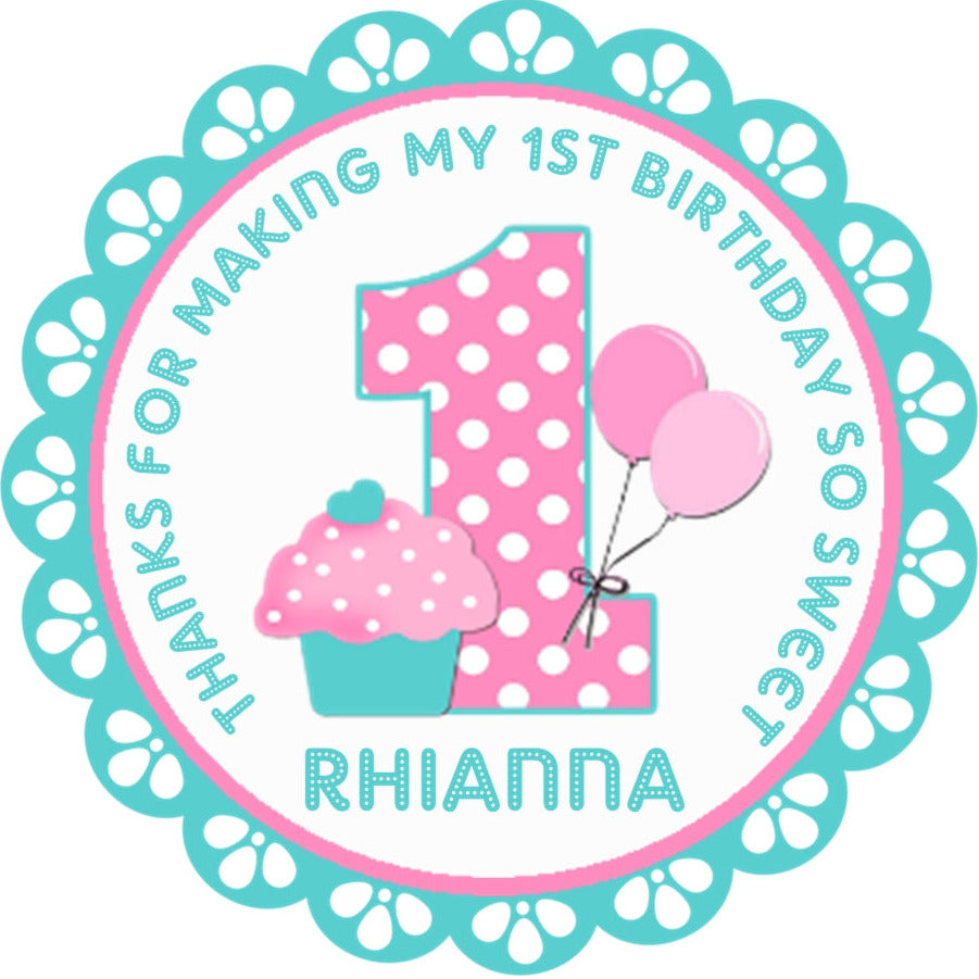 Scalloped border cupcake birthday sticker with pink turquoise design and custom name