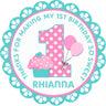 Scalloped border cupcake birthday sticker with pink turquoise design and custom name