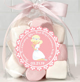 Scalloped pink Communion favor label for girls