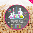 Science beaker birthday sticker with pink border and bubbling lab design