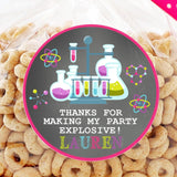 Science beaker birthday sticker with pink border and bubbling lab design
