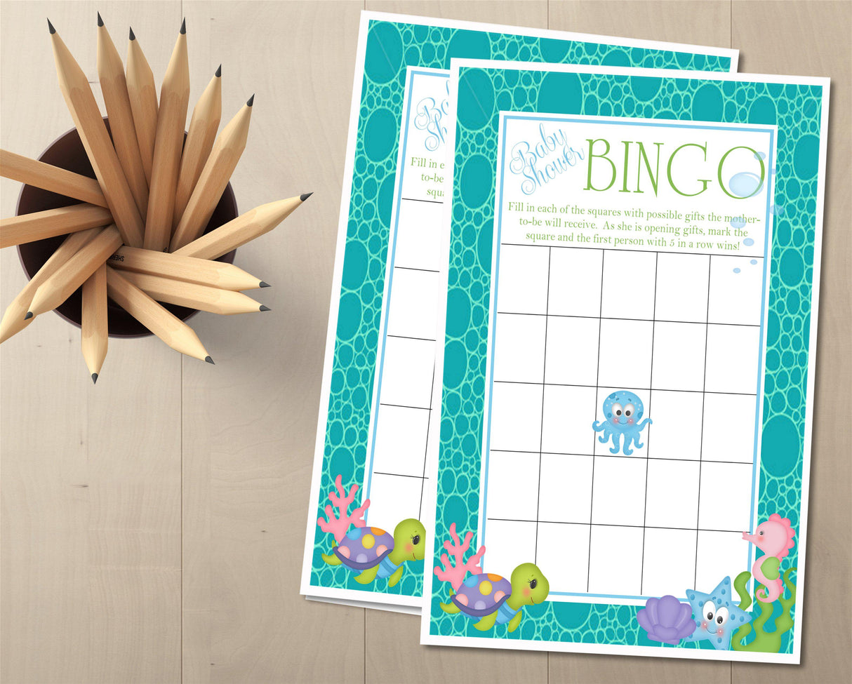 Sea creature baby shower bingo card
