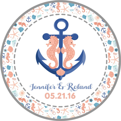 Seahorse wedding favor label customized with couple names and wedding date