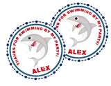 Shark party favor label with bold red text