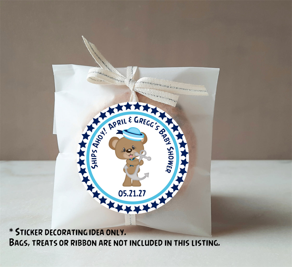 Ships Ahoy sailor bear baby shower favor label
