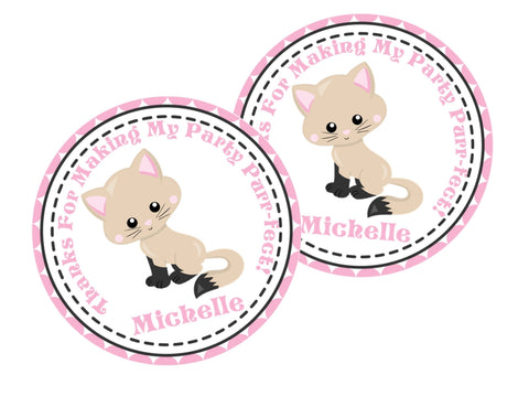 Siamese kitten birthday sticker with pink dotted border