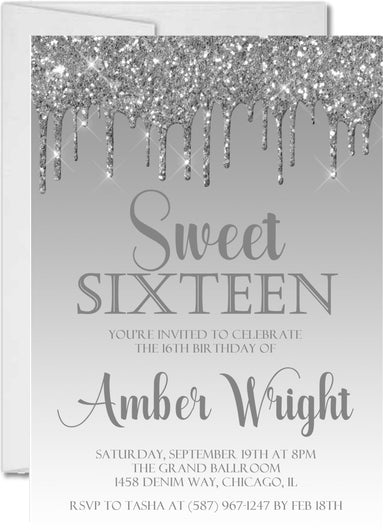Silver Grey Sweet 16 Party Invitations