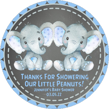Single and twin elephant baby shower stickers for favors