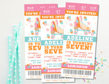 Skate rink birthday invitation with roller skate artwork and ticket style layout