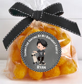 Skateboarding birthday favor label in gray