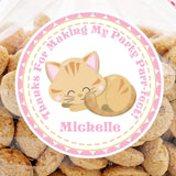 Sleeping tan kitty birthday sticker with pink border