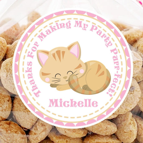 Sleeping tan kitty birthday sticker with pink border
