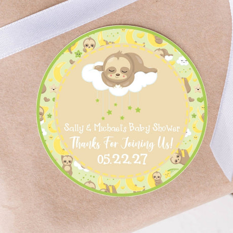 Sloth baby shower favor stickers with cloud and moon design