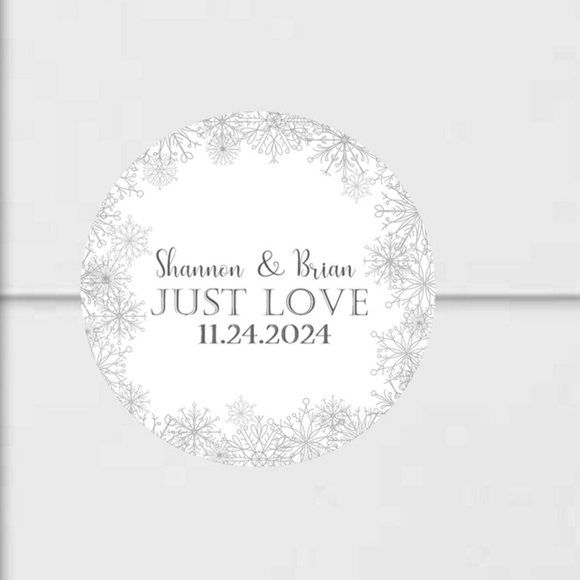 Snowflake wedding favor label with gray winter design