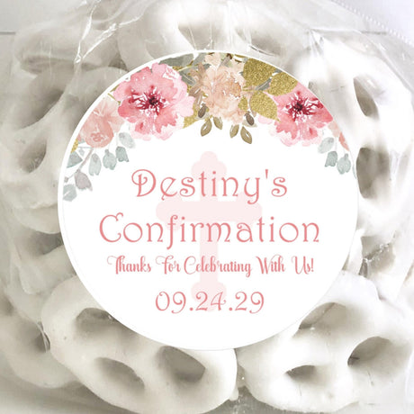Soft pink watercolor floral Confirmation sticker with personalized wording