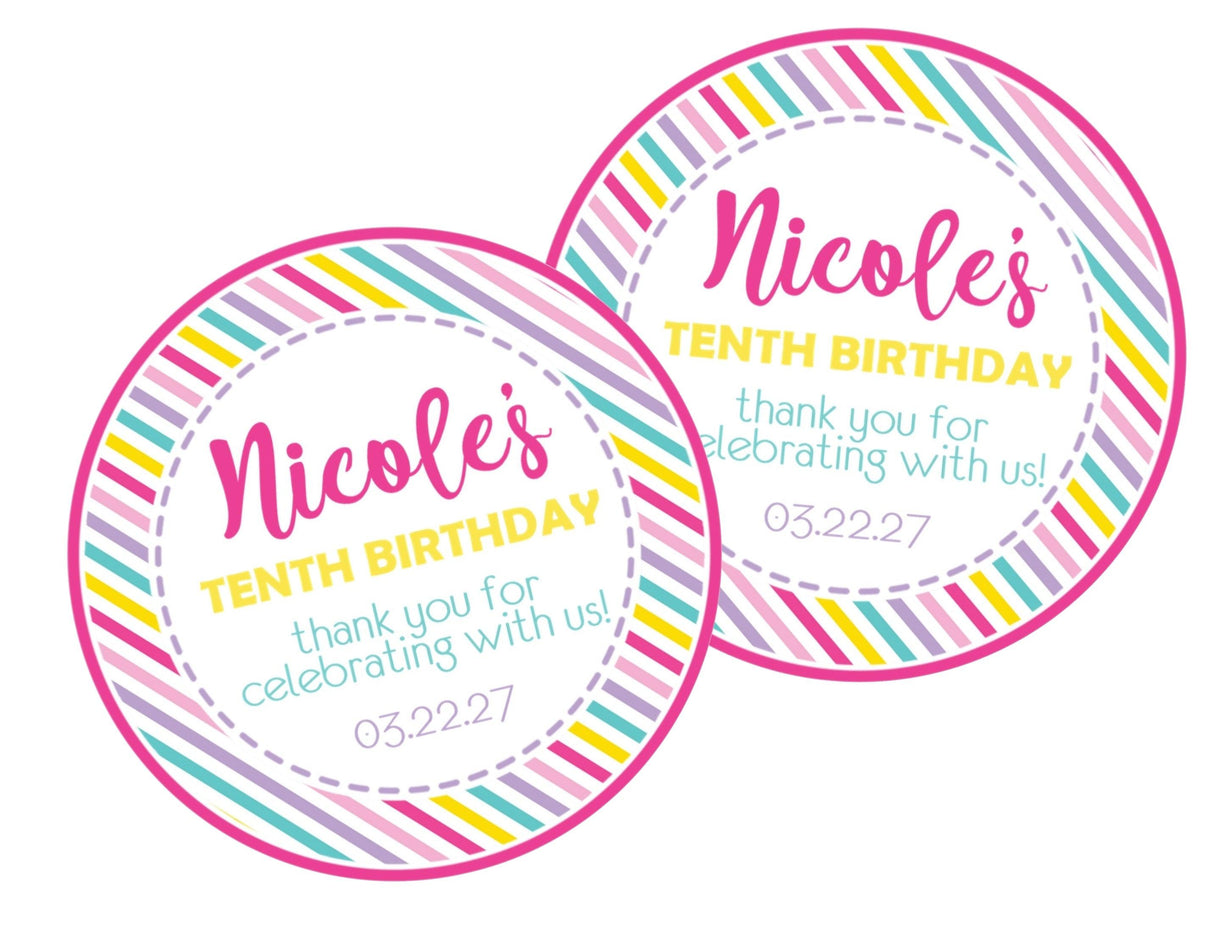 Soft rainbow party favor label with pastel stripes