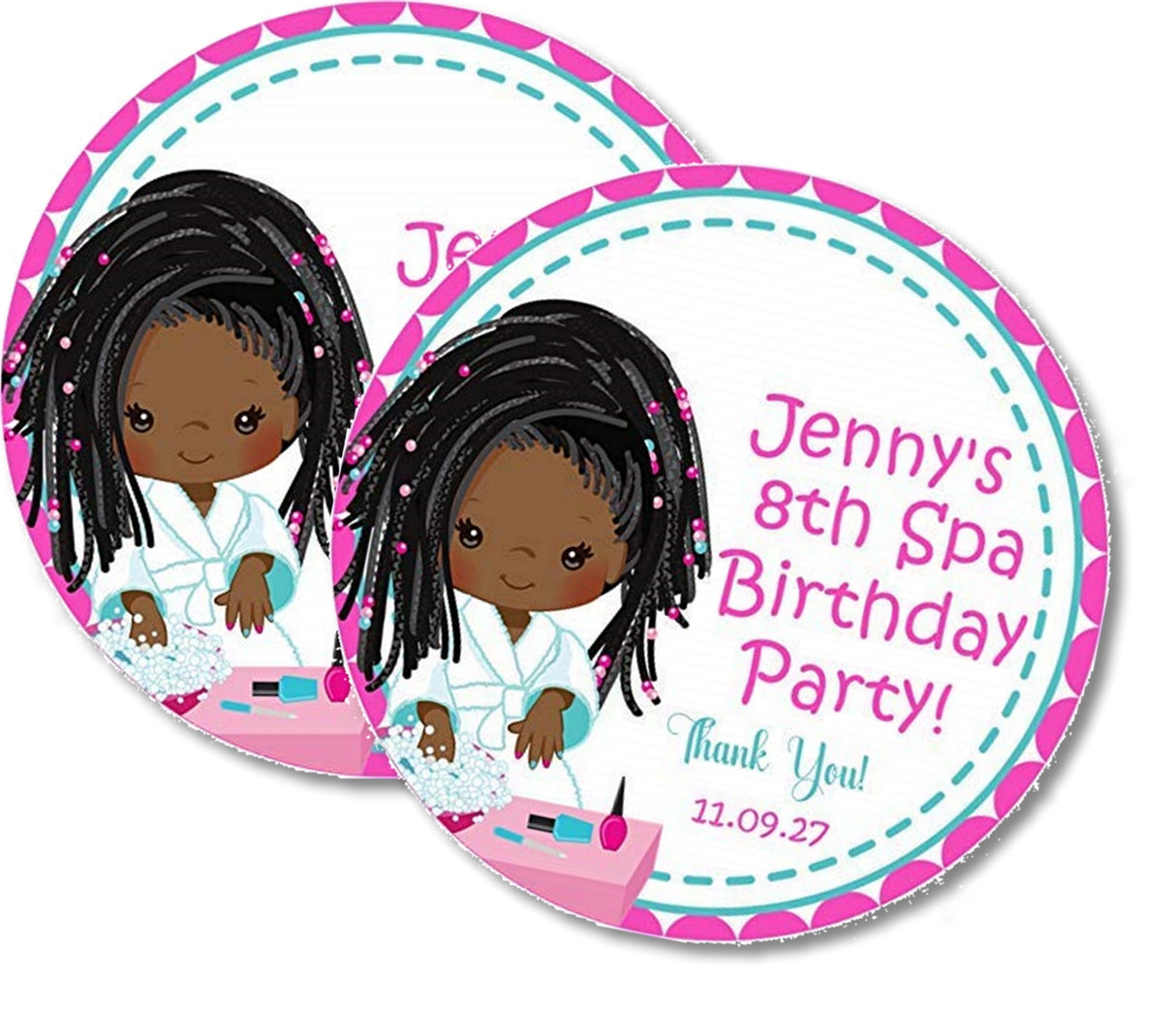 Spa birthday sticker featuring bubbles, nail polish, and spa elements