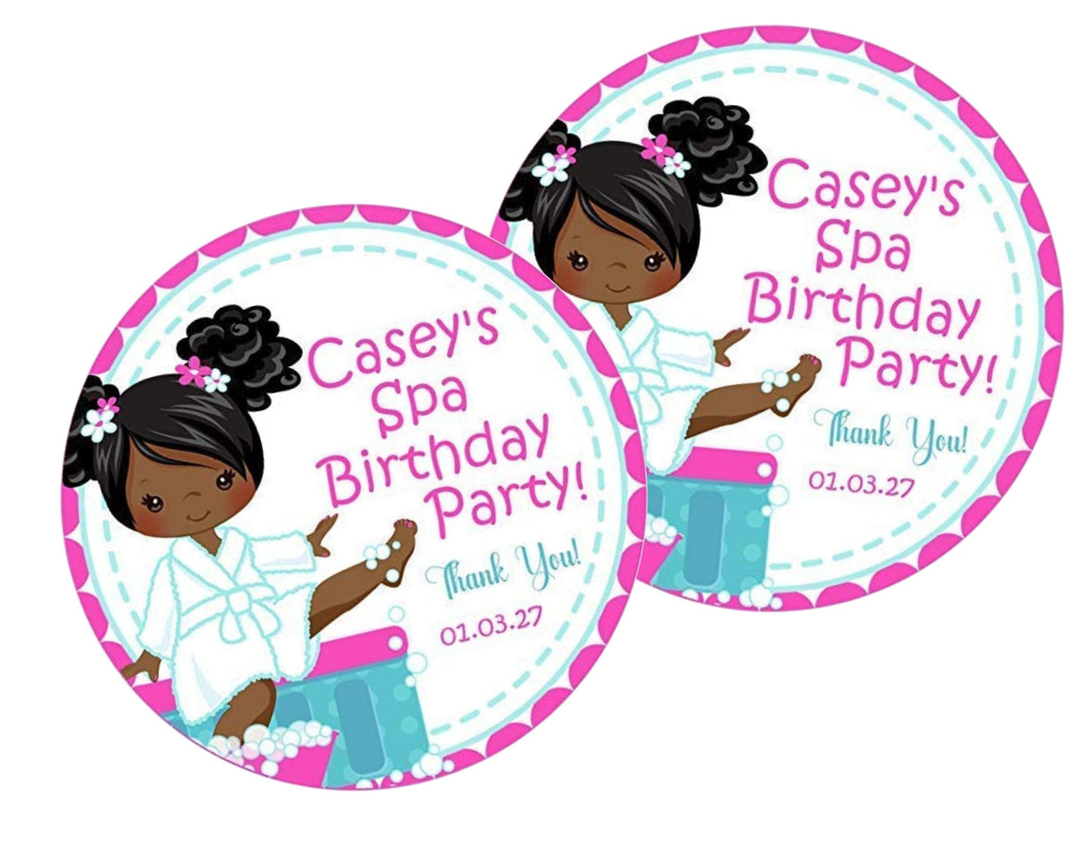 Spa party favor label featuring brown character in robe