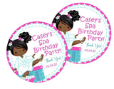 Spa party favor label featuring brown character in robe