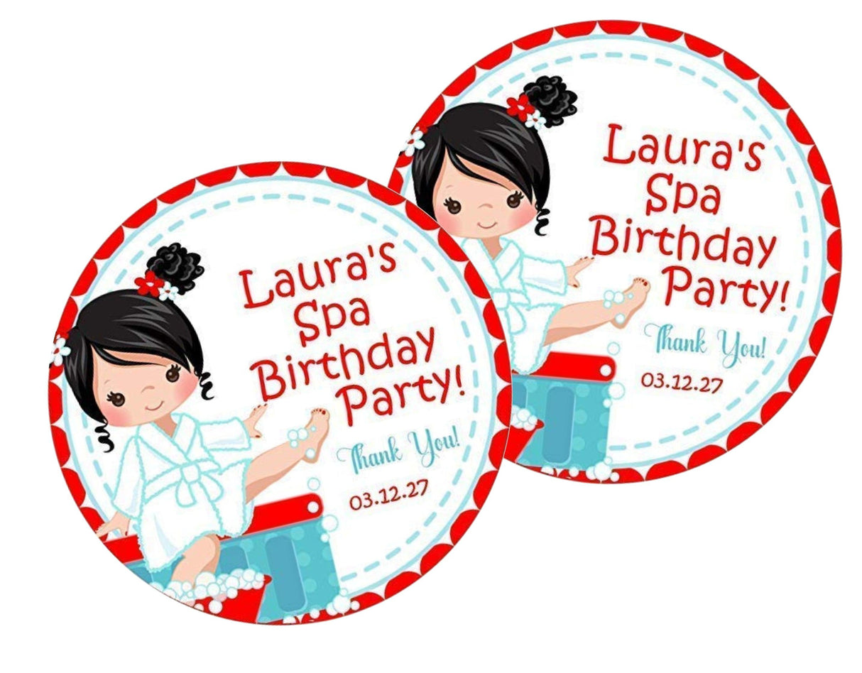 Spa party favor label in red and turquoise with custom name