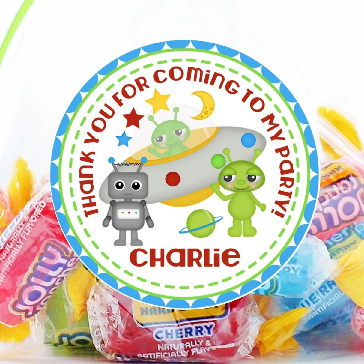 Space alien and robot birthday sticker with name