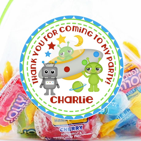 Space alien and robot birthday sticker with name