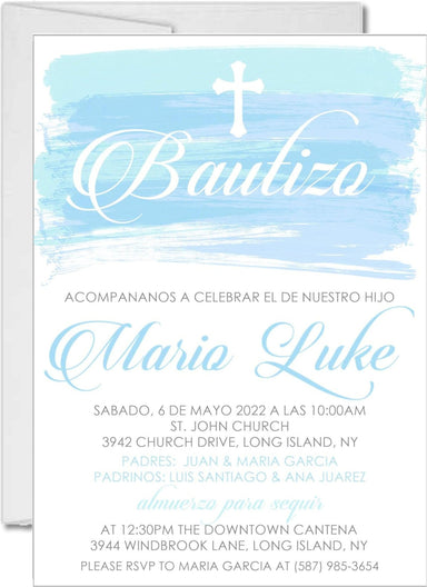 Spanish Blue Watercolor Baptism Invitations