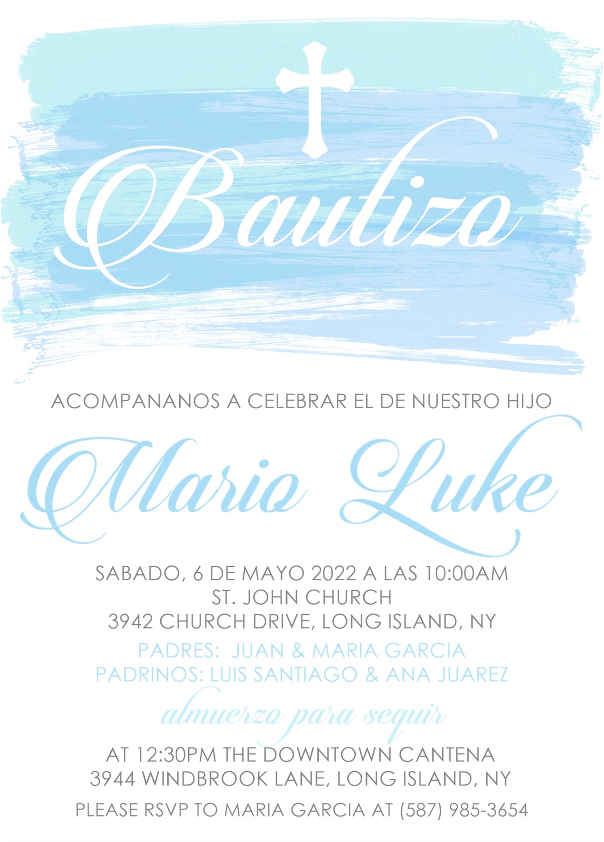 Spanish blue mi bautizo invitation