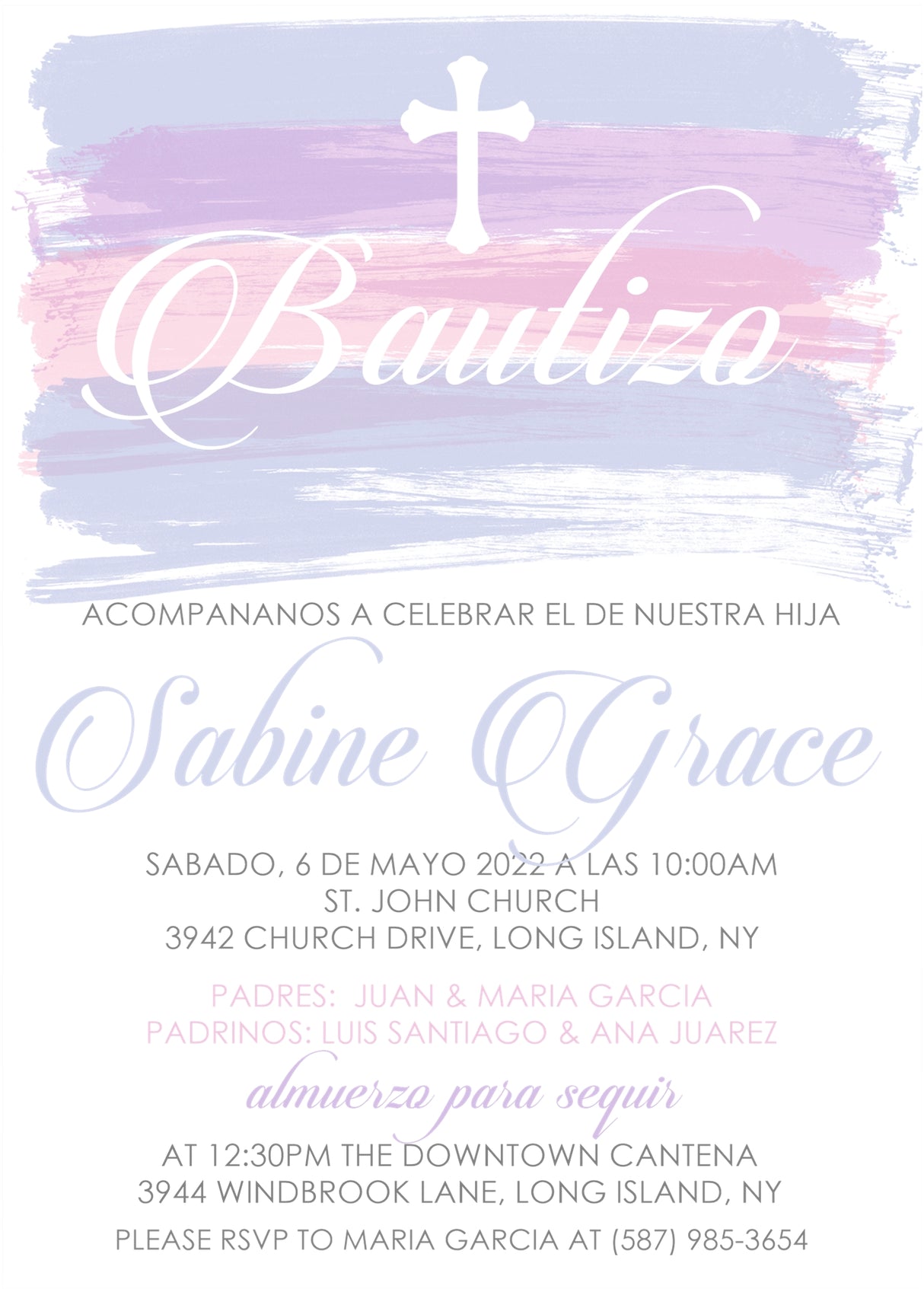 Spanish lavender pink mi bautizo invitation